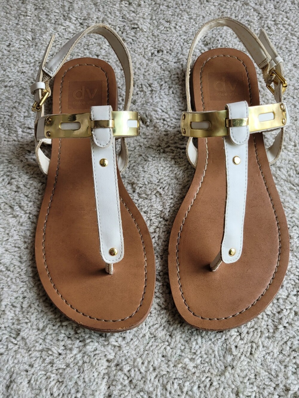 Awesome Look. White Sandals With Unique Gold Accents 8 1/2